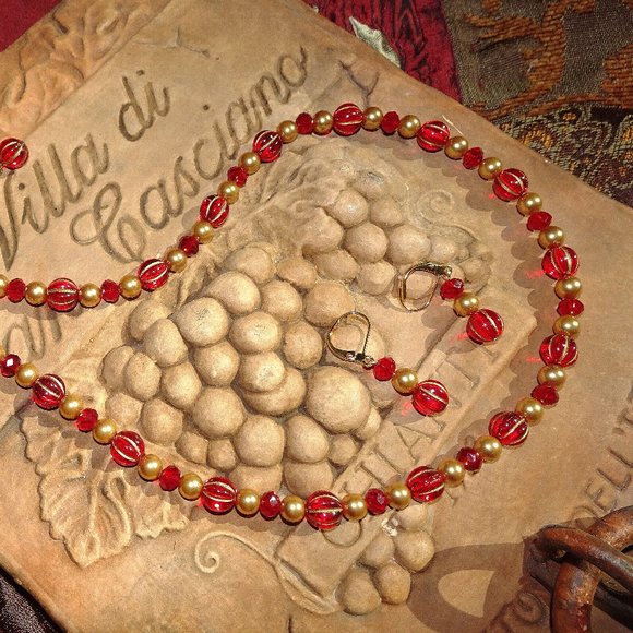 Handcrafted artisanal gold-washed scarlet red melon bead necklace & earring set - Picture 1 of 6